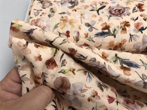 Fastvævet - florlet dobbelt gauze akvarel blomster i laks, GOTS